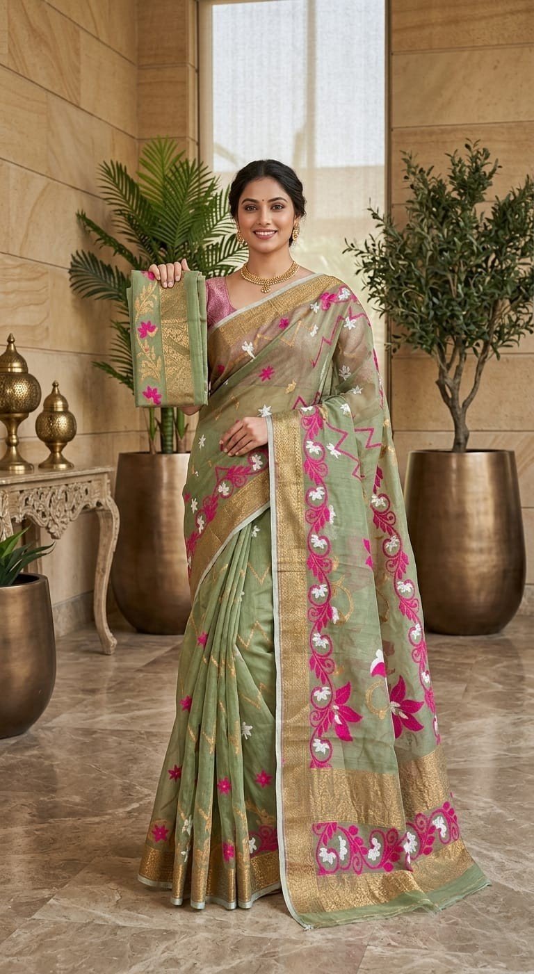 Shiuli Soft Dhakai Jamdani Sari with Blouse Piece - Greenish Grey