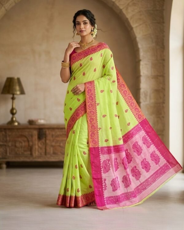 Nokshimala Design Soft Dhakai Jamdani Sari with Blouse Piece - Greenish Tan