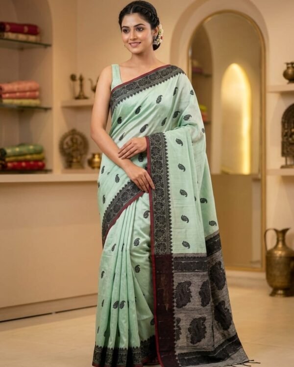 Nokshimala Design Soft Dhakai Jamdani Sari with Blouse Piece - Greeny Grey