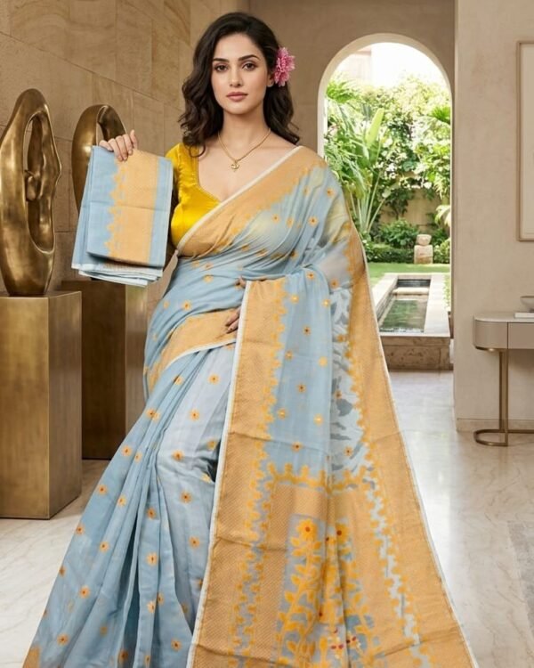 Sunflower Buti Soft Dhakai Jamdani Saree with Blouse Piece - Hit Grey