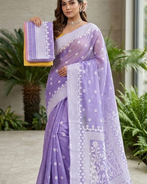 Sunflower Buti Soft Dhakai Jamdani Saree with Blouse Piece - Lavender Purple