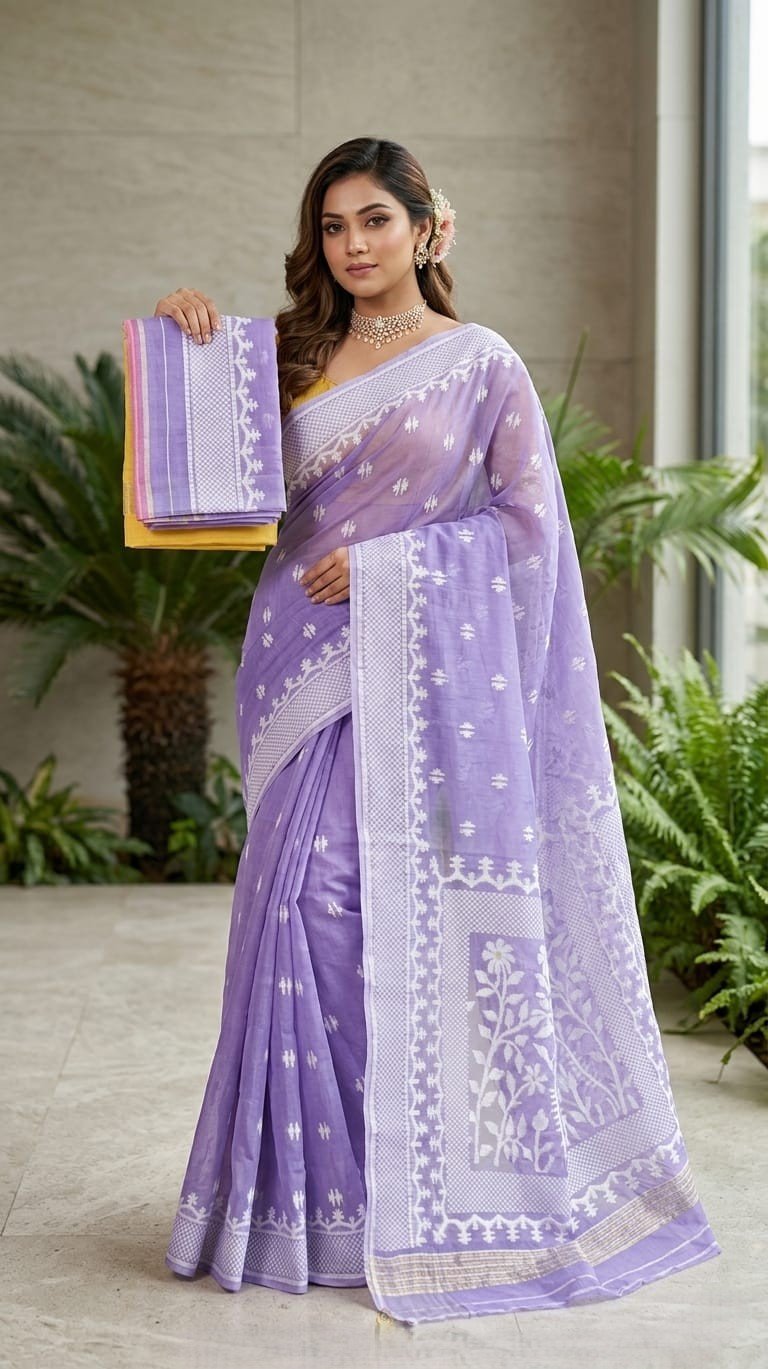 Sunflower Buti Soft Dhakai Jamdani Saree with Blouse Piece - Lavender Purple