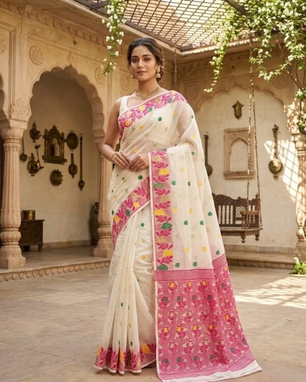 Fulkona Soft Dhakai Jamdani Sari with Blouse Piece - Light Cream