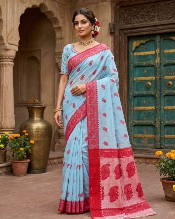 Nokshimala Design Soft Dhakai Jamdani Sari with Blouse Piece - Light Grey Blue