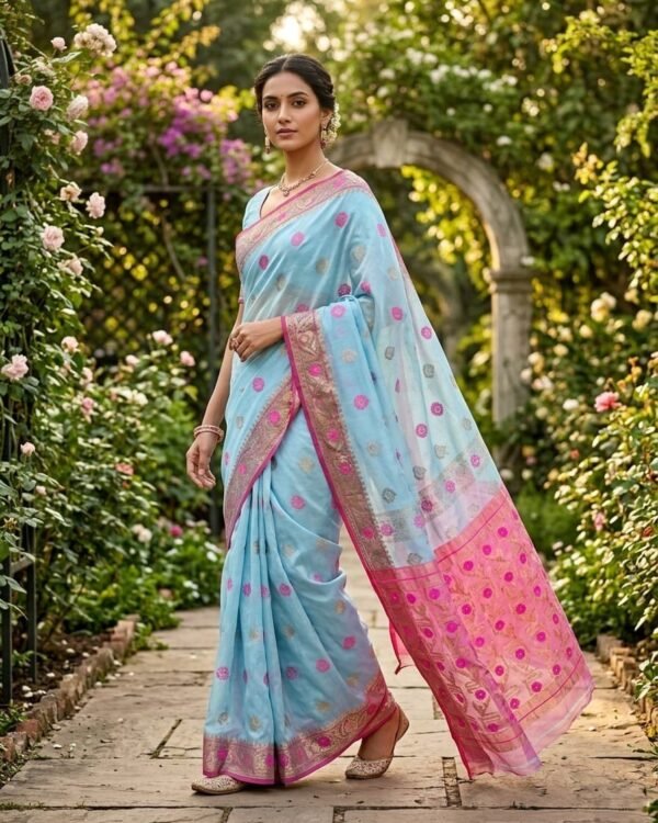 Nilanjona Soft Dhakai Jamdani Sari with Blouse Piece - Light Grey Blue