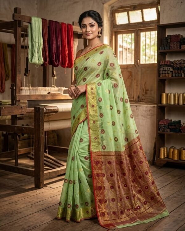 Nilanjona Soft Dhakai Jamdani Sari with Blouse Piece - Light Olive Green