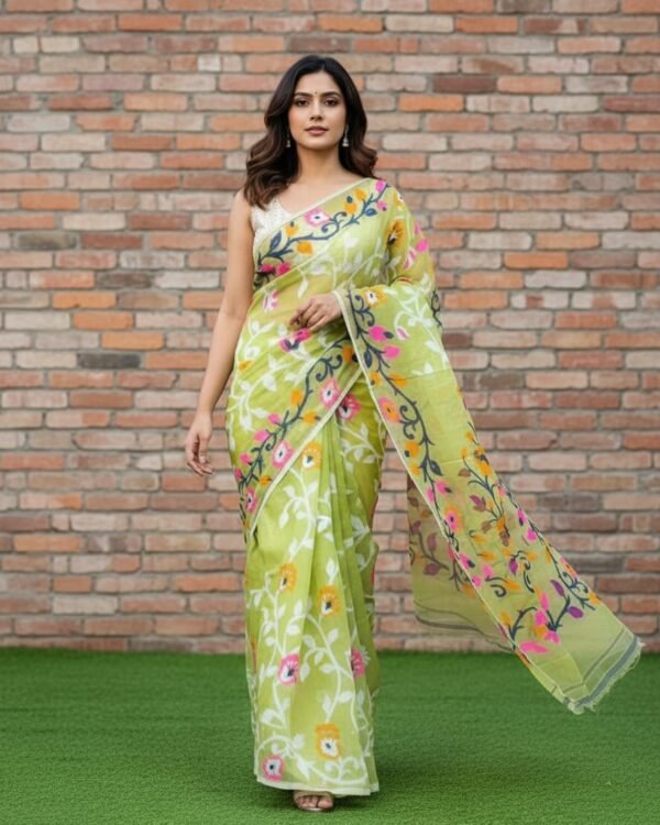 Lota Pata Soft Dhakai Jamdani Saree with Blouse Piece - Light Olive Green