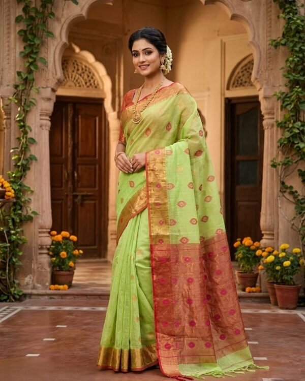 Nilanjona Soft Dhakai Jamdani Sari with Blouse Piece - Light Olive Green