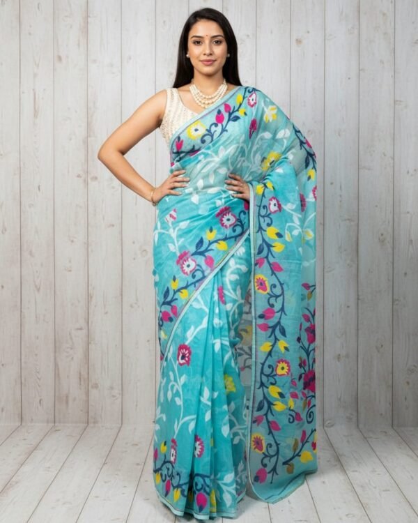 Lota Pata Soft Dhakai Jamdani Saree with Blouse Piece - Light Sea Green