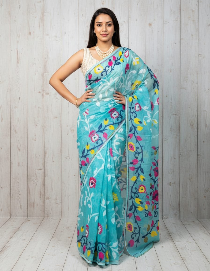 Lota Pata Soft Dhakai Jamdani Saree with Blouse Piece - Light Sea Green