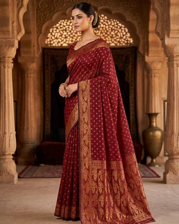 Allover Buti Soft Dhakai Jamdani Sari with Blouse Piece - Maroon
