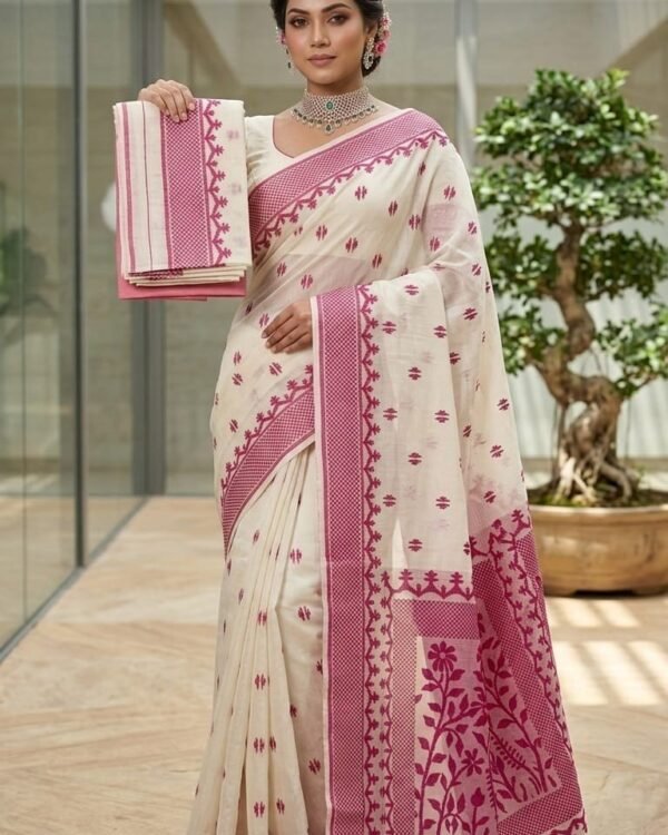 Sunflower Buti Soft Dhakai Jamdani Saree with Blouse Piece - Off White