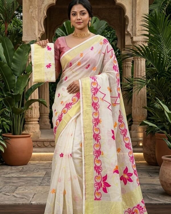 Shiuli Soft Dhakai Jamdani Sari with Blouse Piece - Off White