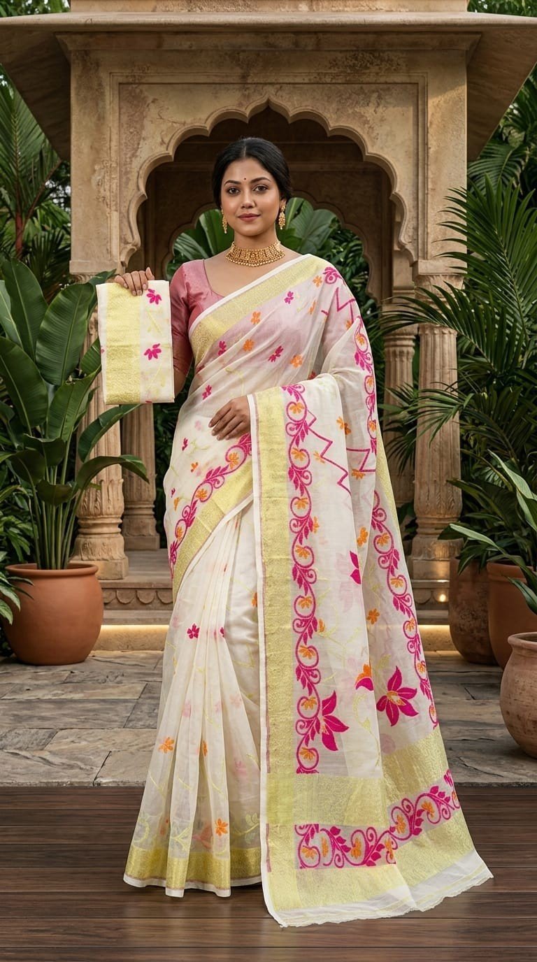 Shiuli Soft Dhakai Jamdani Sari with Blouse Piece - Off White