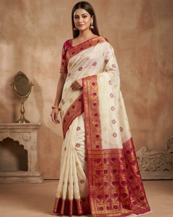 Nilanjona Soft Dhakai Jamdani Sari with Blouse Piece - Off White