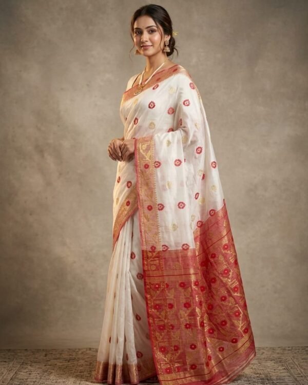 Nilanjona Soft Dhakai Jamdani Sari with Blouse Piece - Off White