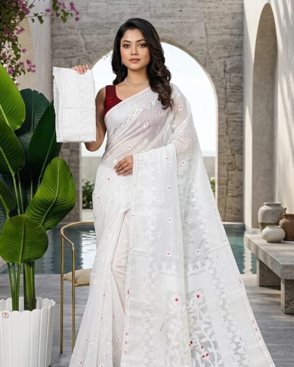 Sunflower Buti Soft Dhakai Jamdani Saree with Blouse Piece - Off White