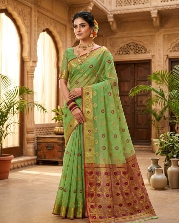 Nilanjona Soft Dhakai Jamdani Sari with Blouse Piece - Olive