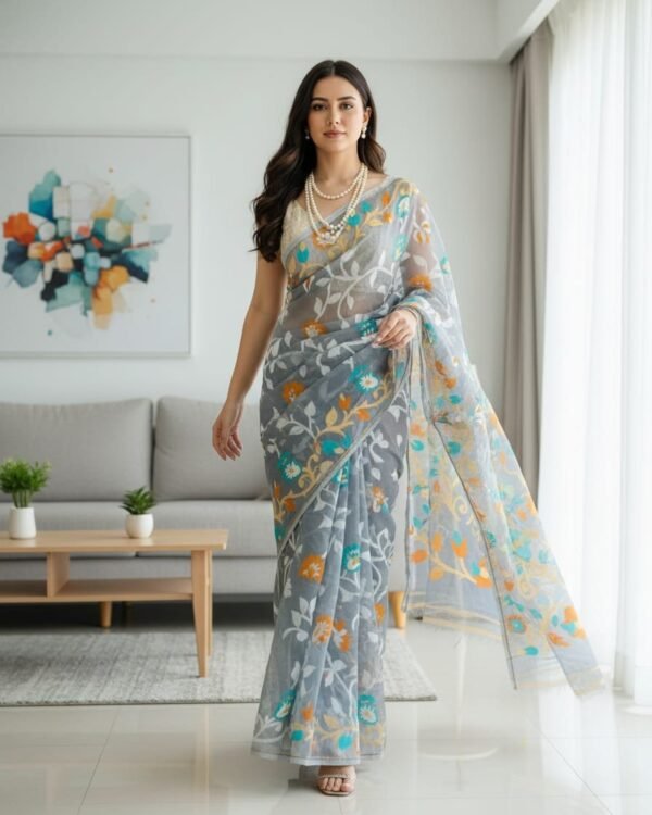 Lota Pata Soft Dhakai Jamdani Saree with Blouse Piece - Olso Grey