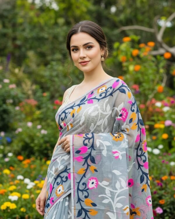 Lota Pata Soft Dhakai Jamdani Saree with Blouse Piece - Olso Grey