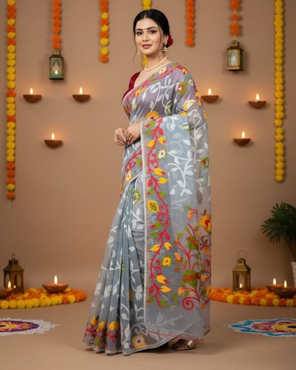 Lota Pata Soft Dhakai Jamdani Saree with Blouse Piece - Olso Grey