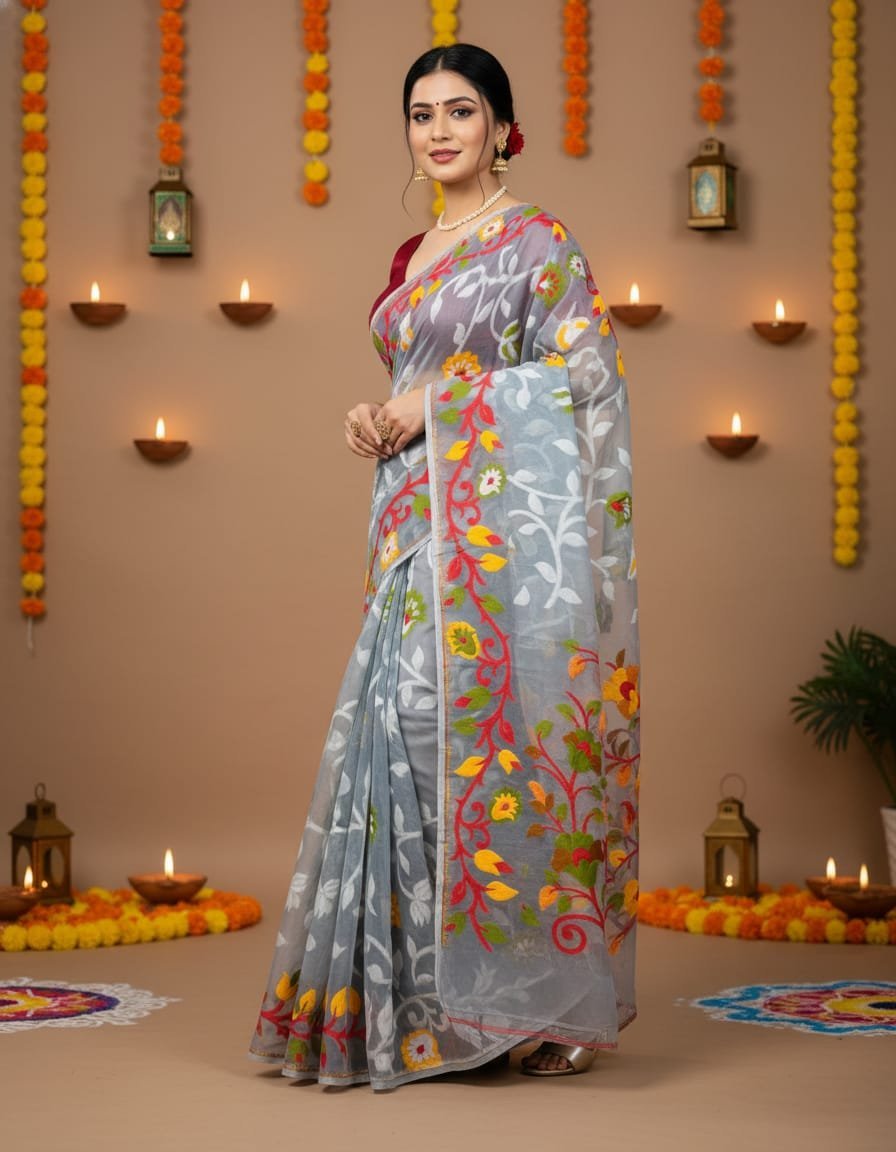 Lota Pata Soft Dhakai Jamdani Saree with Blouse Piece - Olso Grey