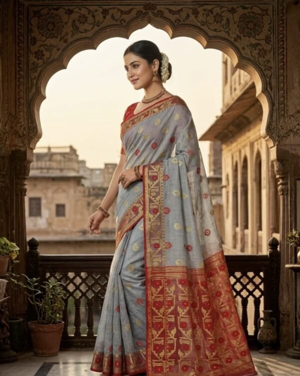 Nilanjona Soft Dhakai Jamdani Sari with Blouse Piece - Oslo Grey