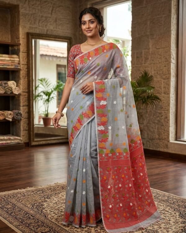 Fulkona Soft Dhakai Jamdani Sari with Blouse Piece - Oslo Grey
