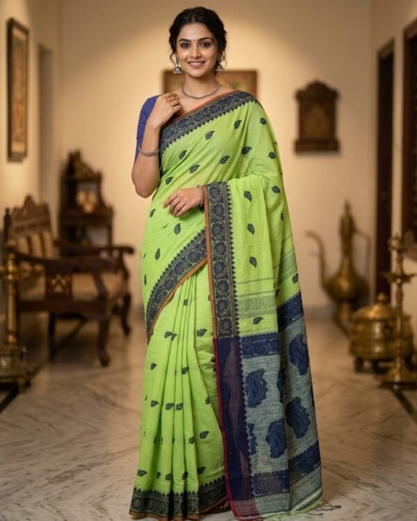 Nokshimala Design Soft Dhakai Jamdani Sari with Blouse Piece - Pale Olive Green