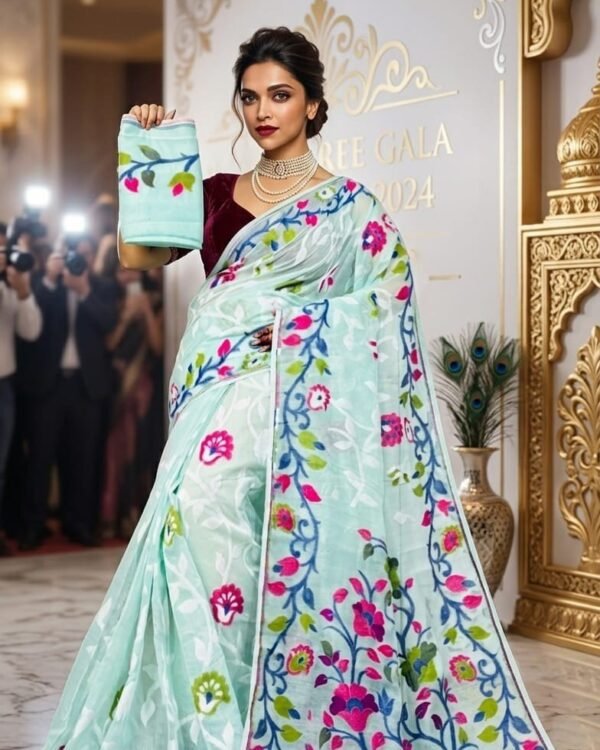 Lota Pata Soft Dhakai Jamdani Saree with Blouse Piece - Pale Teal
