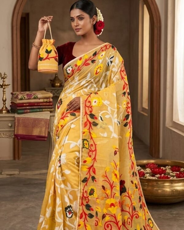 Lota Pata Soft Dhakai Jamdani Saree with Blouse Piece - Pastel Yellow