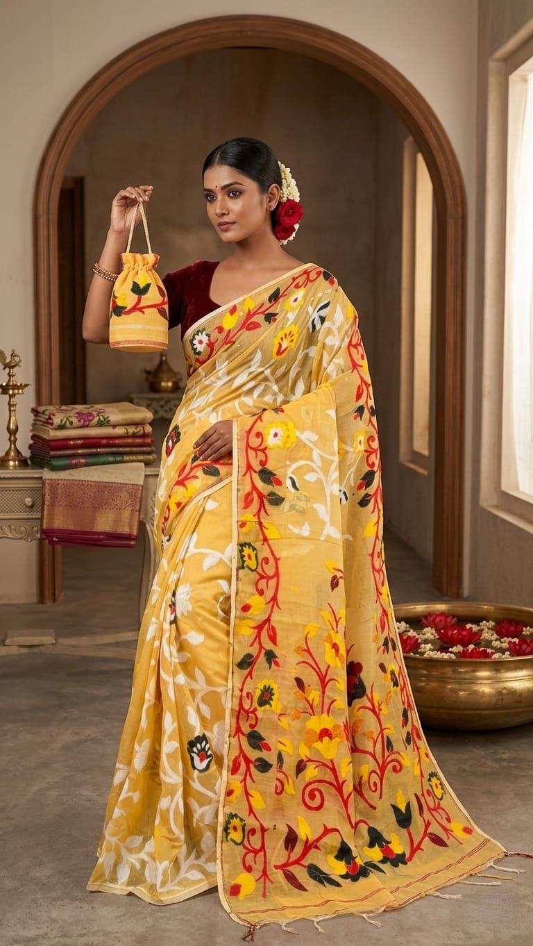 Lota Pata Soft Dhakai Jamdani Saree with Blouse Piece - Pastel Yellow