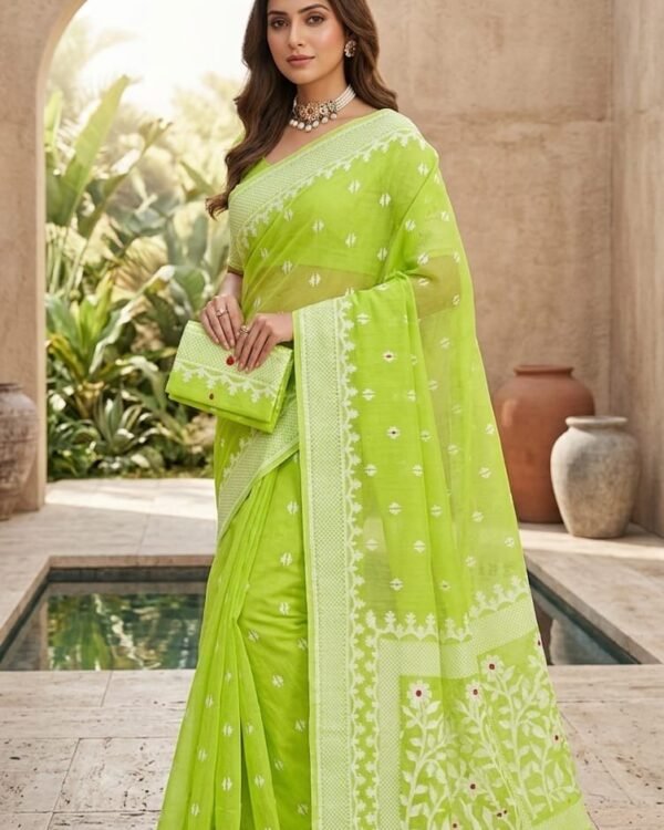 Sunflower Buti Soft Dhakai Jamdani Saree with Blouse Piece - Pea Green