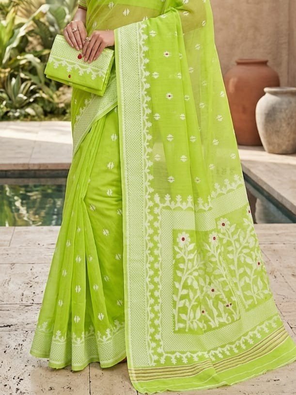 Sunflower Buti Soft Dhakai Jamdani Saree with Blouse Piece - Pea Green - Image 2