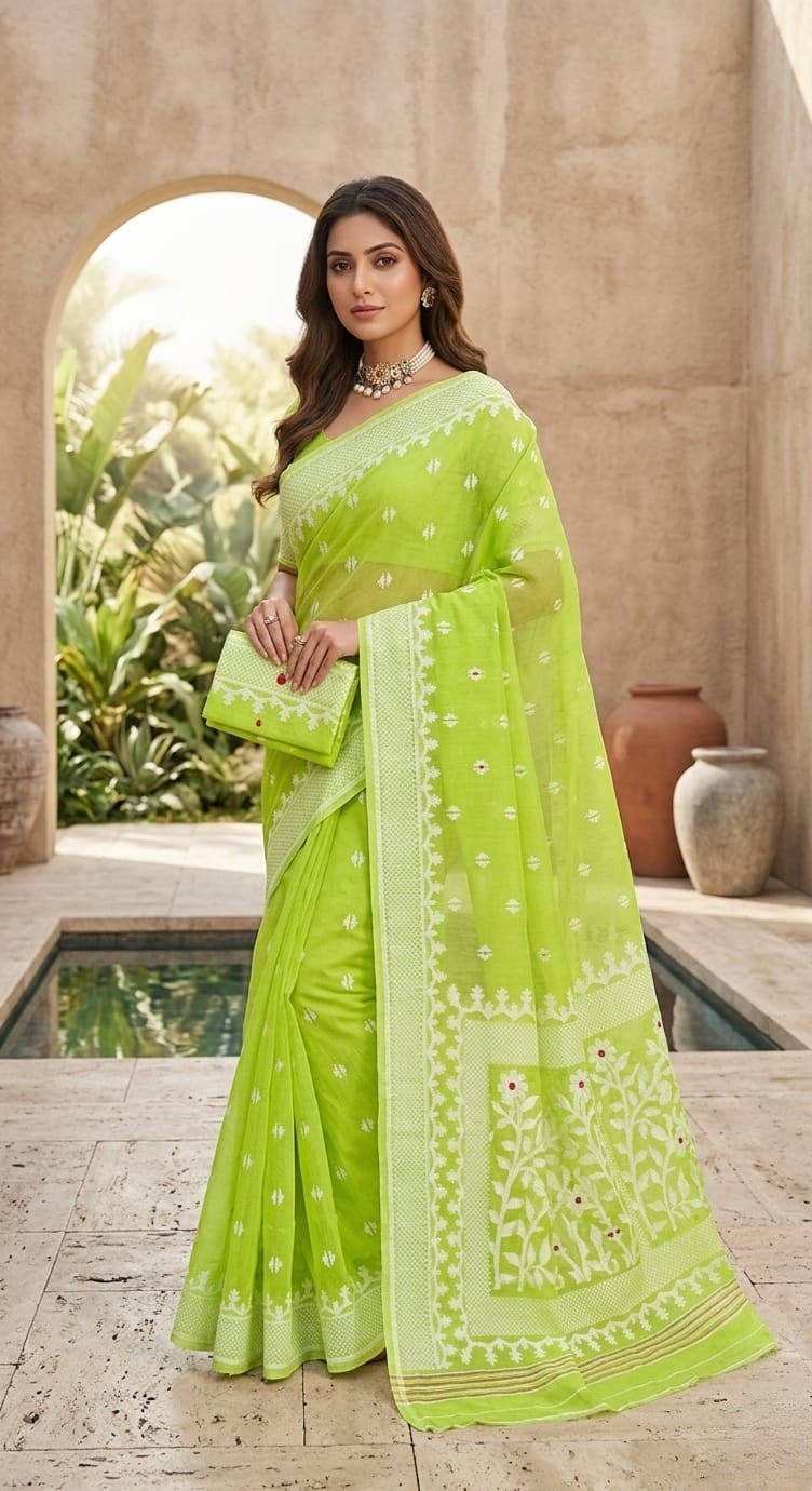 Sunflower Buti Soft Dhakai Jamdani Saree with Blouse Piece - Pea Green