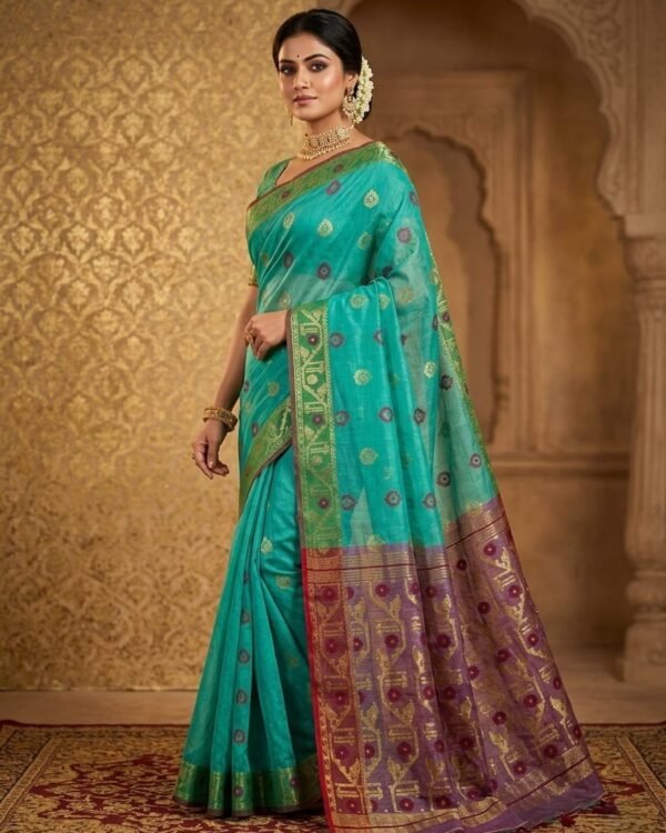 Nilanjona Soft Dhakai Jamdani Sari with Blouse Piece - Persian Green