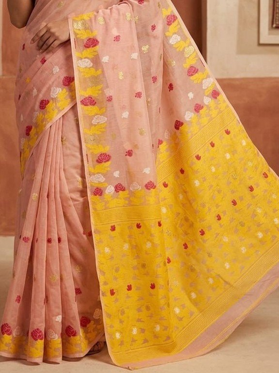 Fulkona Soft Dhakai Jamdani Sari with Blouse Piece - Pinkish Tan - Image 2