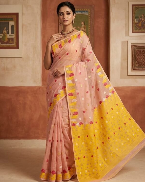 Fulkona Soft Dhakai Jamdani Sari with Blouse Piece - Pinkish Tan