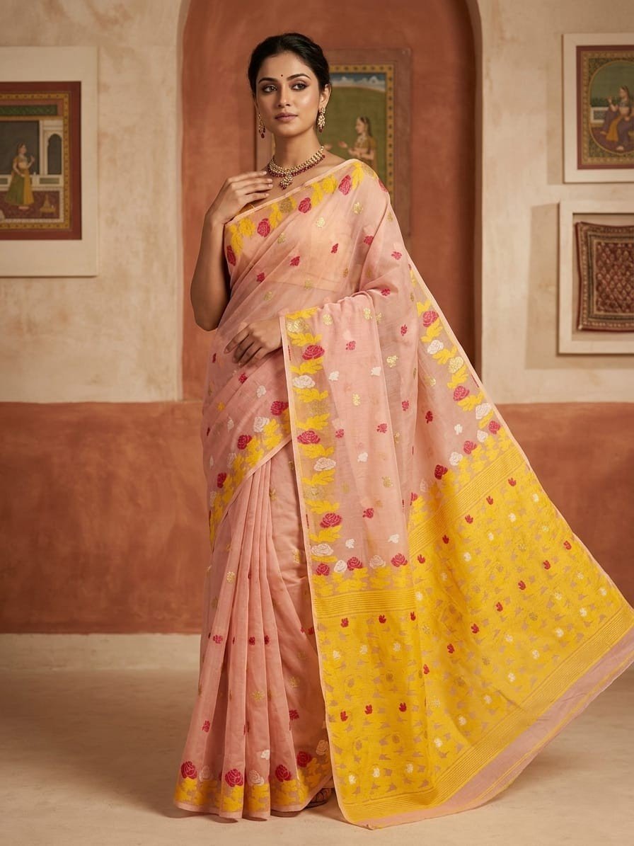 Fulkona Soft Dhakai Jamdani Sari with Blouse Piece - Pinkish Tan