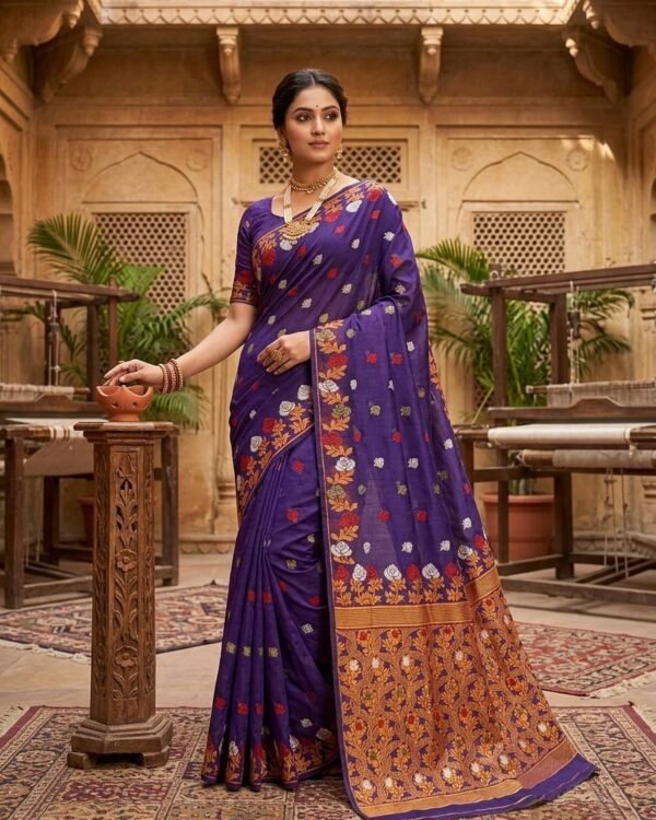 Fulkona Soft Dhakai Jamdani Sari with Blouse Piece - Purple Haze