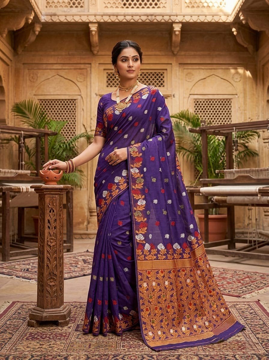 Fulkona Soft Dhakai Jamdani Sari with Blouse Piece - Purple Haze
