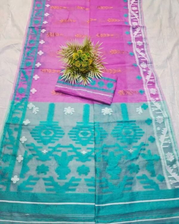 Shiuli Korat Soft Dhakai Jamdani Saree with Blouse Piece - Purplish Pink