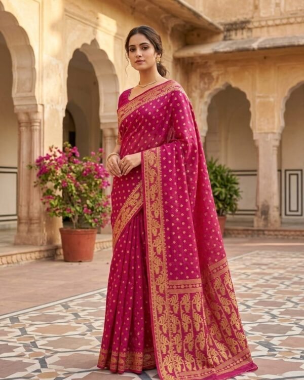 Allover Buti Soft Dhakai Jamdani Sari with Blouse Piece - Purplish Red