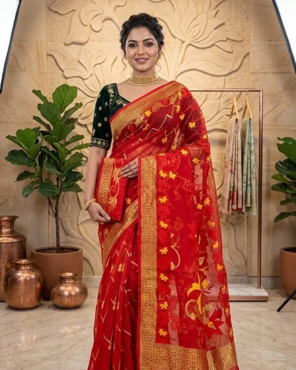 Shiuli Soft Dhakai Jamdani Sari with Blouse Piece - Red