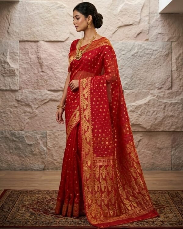 Allover Buti Soft Dhakai Jamdani Sari with Blouse Piece - Red