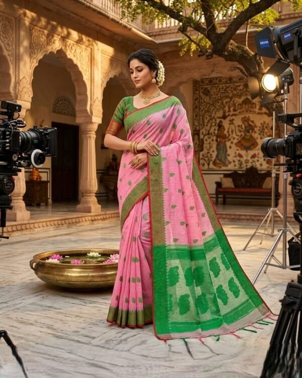 Nokshimala Design Soft Dhakai Jamdani Sari with Blouse Piece - Rose Pink