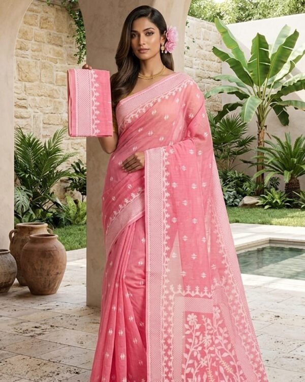 Sunflower Buti Soft Dhakai Jamdani Saree with Blouse Piece - Rose Pink
