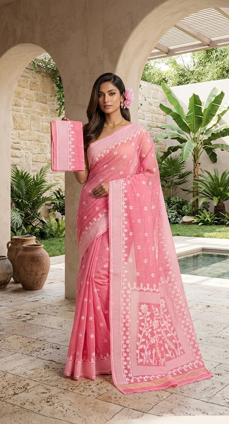 Sunflower Buti Soft Dhakai Jamdani Saree with Blouse Piece - Rose Pink