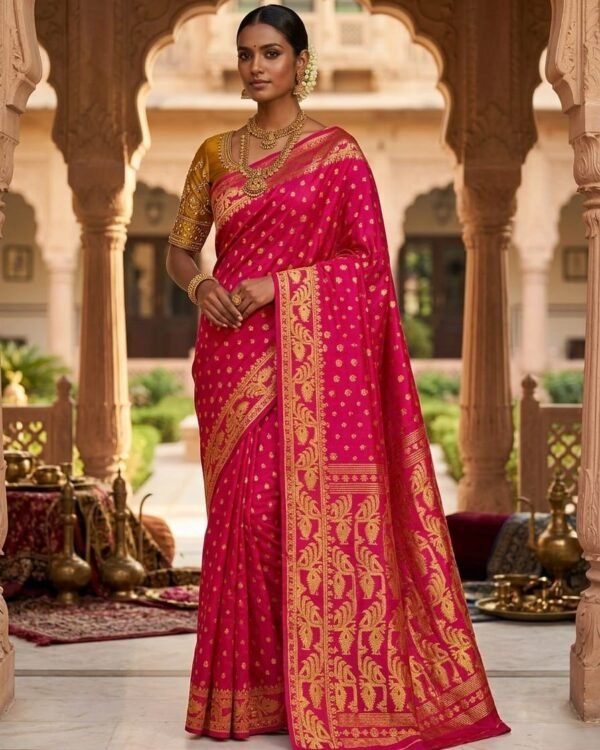 Allover Buti Soft Dhakai Jamdani Sari with Blouse Piece - Rose Red