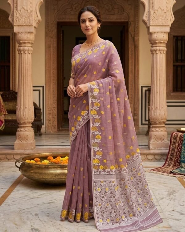 Fulkona Soft Dhakai Jamdani Sari with Blouse Piece - Rose Taupe